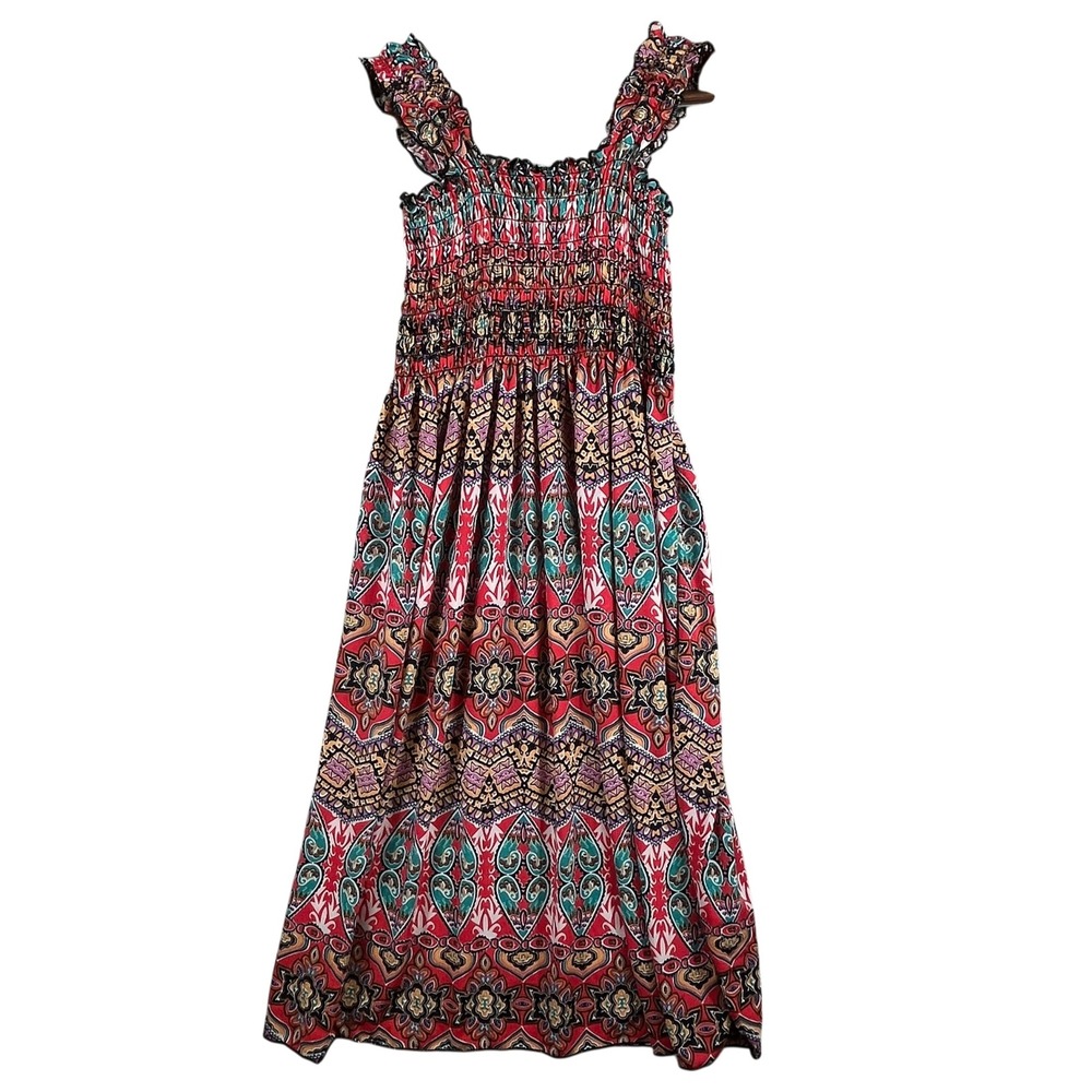 Boho Smocked Paisley Sundress S M Sleeveless Midi Dress Festival Beach Ethnic